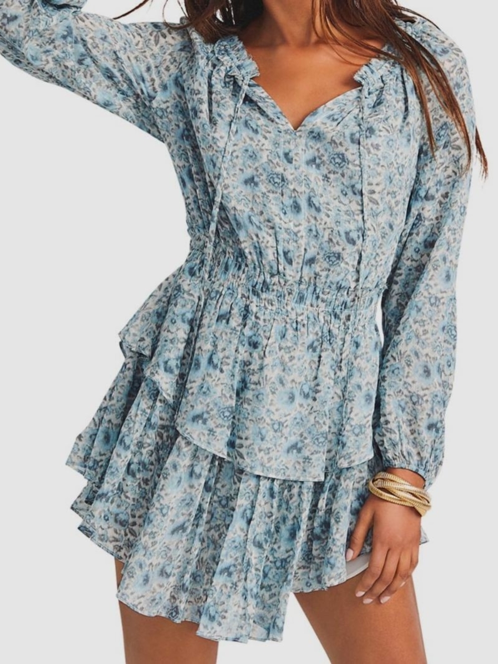 Loveshackfancy LSF Popover Long Sleeve V neck Dress in Ocean Breeze blue sz XS